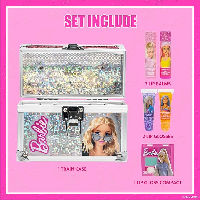 Barbie Beauty Mini Train Case Set Includes Lip Gloss Tube, Lip Balm, Lip Gloss Compact for Girls Party Sleepovers by Townley Girl