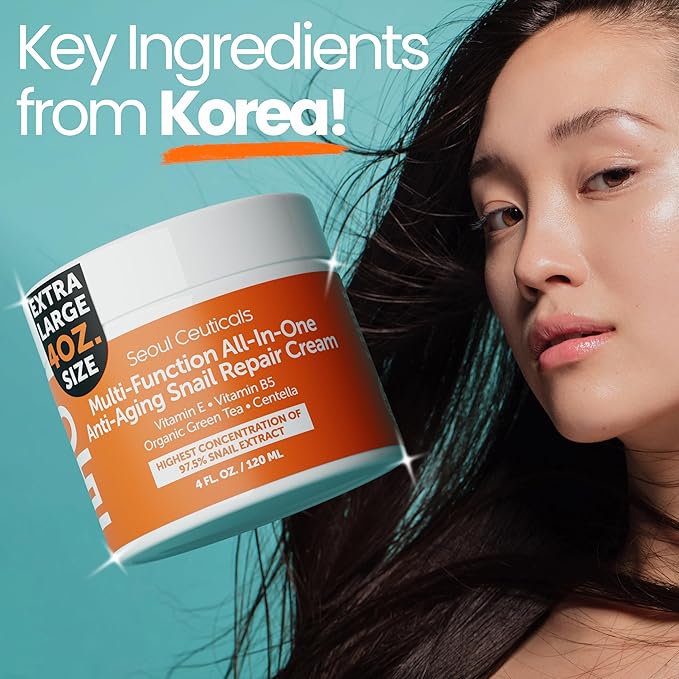 SeoulCeuticals Large 4oz 97.5% Snail Mucin Moisturizer Cream Korean Skin Care Day & Night Snail Repair for Face - K Beauty Anti Aging Facial Skincare