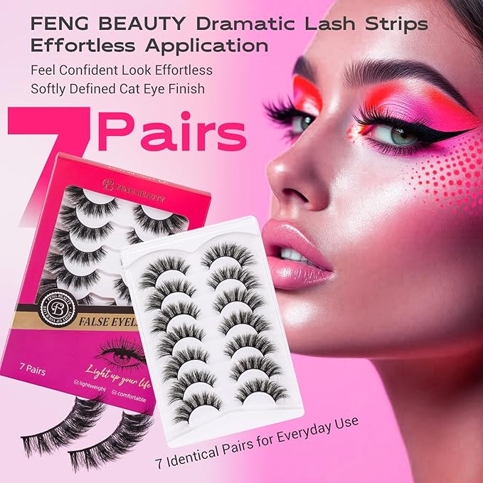 Cat Eye False Eyelashes Wispy Fluffy Volume Dramatic Long Strip Lashes Lightweight Natural Look Easy to Apply Reusable Faux Mink Lashes for Daily and Glam Makeup 7 Pairs