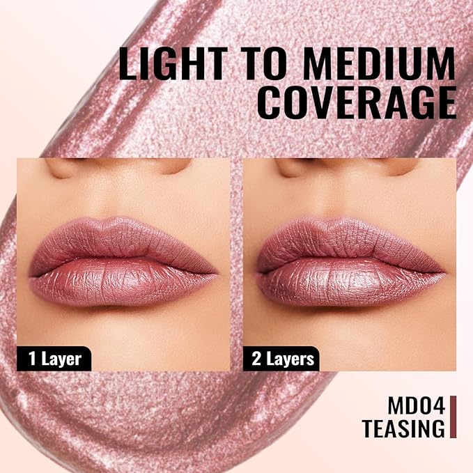 Oulac Metallic Liquid Lipstick - Mauve Pink Lip Gloss for Women, Shimmer Lip Makeup, Long Lasting Waterproof, High Impact Lip Color, Oil-Based Formula, Transfer Proof, Vegan MD04