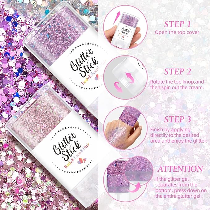 Body Glitter Stick, Holographic Sequins Face Glitter Makeup Neon Outfit Festival Rave Prom Party Accessories Hair Glitter Gel. (Gold)
