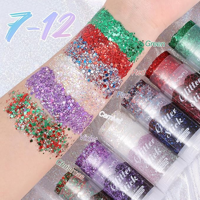 Christmas Body Glitter Stick, Red Green Face Glitter for Women and Girls, Holiday Accessories Hair Tinsel Stick for Christmas Party Makeup, Stage Performance New Year Celebration Events