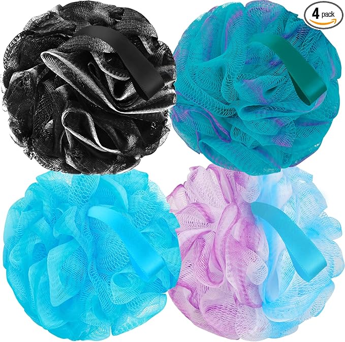 FARMOGA Bath Loofah Sponge Back Scrubber Shower Sponge Soft Mesh Exfoliator Pouf Shower Ball Bath Sponges for Women and Men Bath Accessories (4Pcs 50g Mix Black)