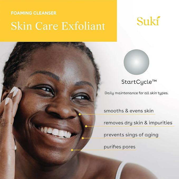 Suki Skincare Exfoliate Foaming Cleanser - With Natural Sugar & Colloidal Oat - Facial Exfoliator & Mechanical Exfoliant that Reduces Dry Skin Buildup While Promoting Radiant, Smooth, Soft Skin - 4 oz