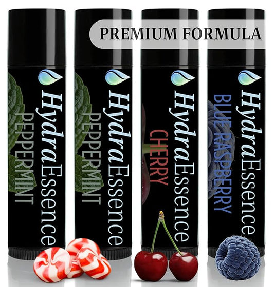Vibrant Favorites Lip Balm 4-Pack | 7 Natural Ingredients | Beeswax Shea Butter | Moisturizing Lip Care for Dry Lips | Peppermint Cherry Blue Raspberry