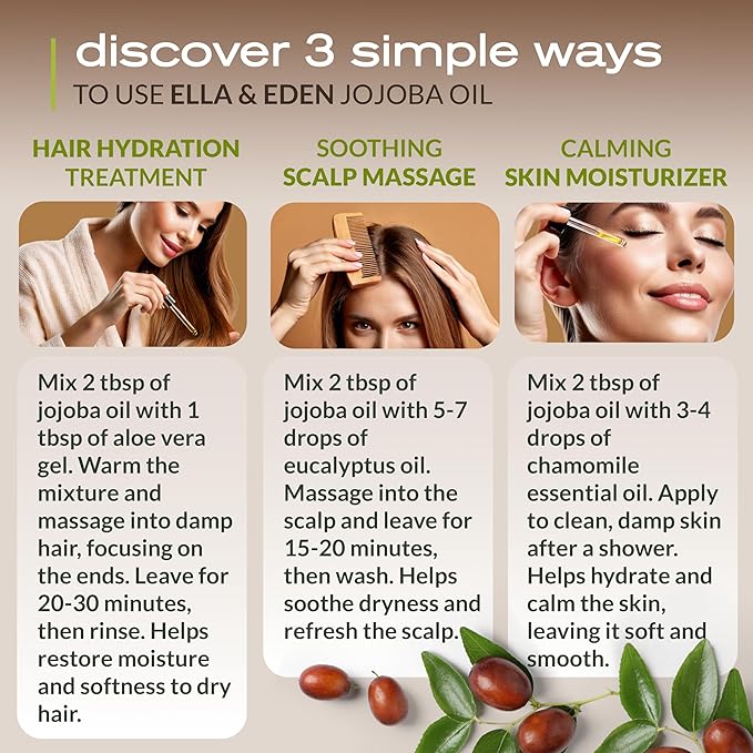 Ella & Eden Organic Jojoba Oil – USDA Certified, Cold-Pressed, 100% Pure & Unrefined, Hexane-Free Oil for Skin, Face, Hair & Nails – 4 Fl Oz Glass Bottle