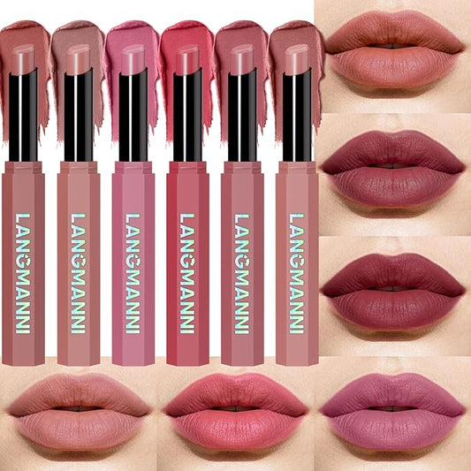 Jolilab 6Pcs Velvet Matte Lipstick Nude Matte Soft Dark Color Stick High Pigmented Long-Lasting Waterproof Lip Stick Lip Balm Beauty Cosmetics Gift for Women(Curated Set A)