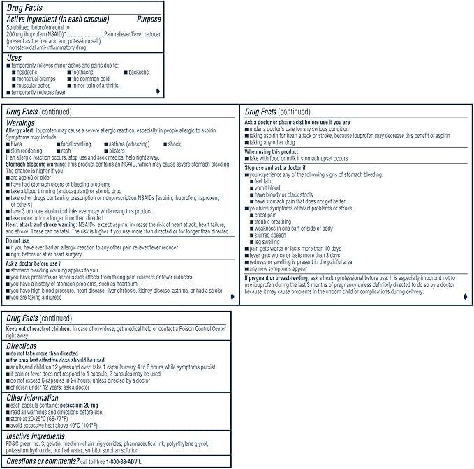 Advil Liqui-Gels minis Pain Reliever and Fever Reducer, Pain Medicine for Adults with Ibuprofen 200mg for Pain Relief - 200 Liquid Filled Capsules