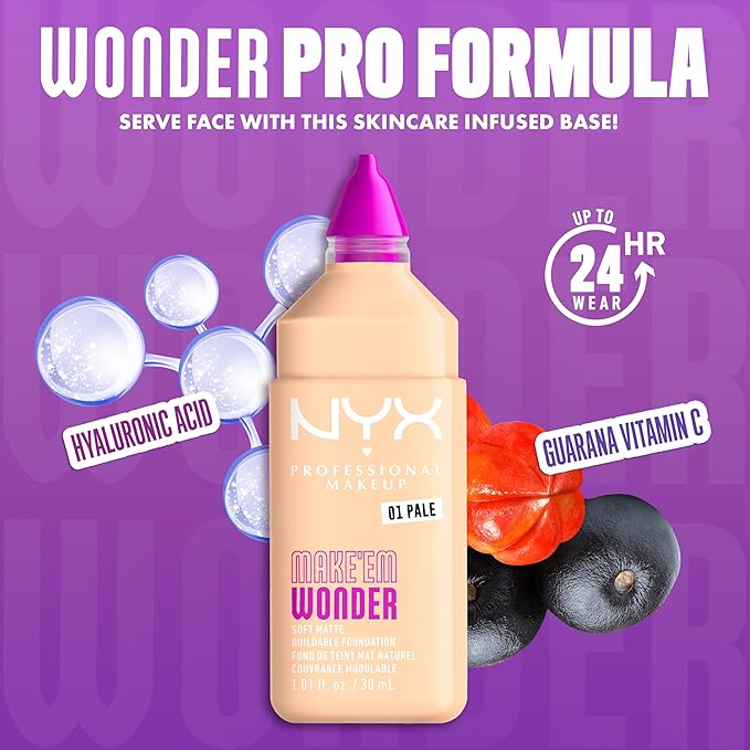 NYX PROFESSIONAL MAKEUP Make 'Em Wonder Liquid Foundation, 24HR Foundation Makeup With A Soft Matte Finish, Buildable Full Coverage - 01 Pale