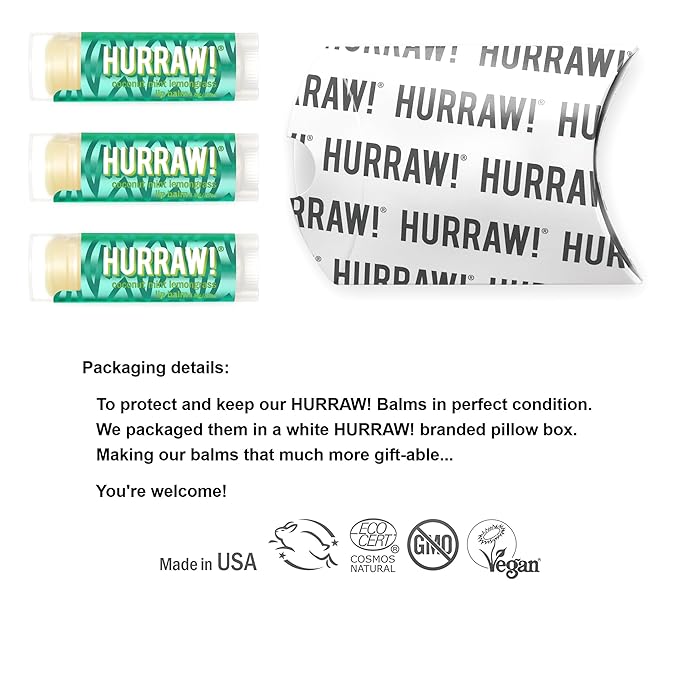 Hurraw! Coconut, Mint, Lemongrass (Pitta) Lip Balm, 3 Pack: Organic, Certified Vegan, Cruelty and Gluten Free. Non-GMO, 100% Natural Ingredients. Bee, Shea, Soy and Palm Free. Made in USA