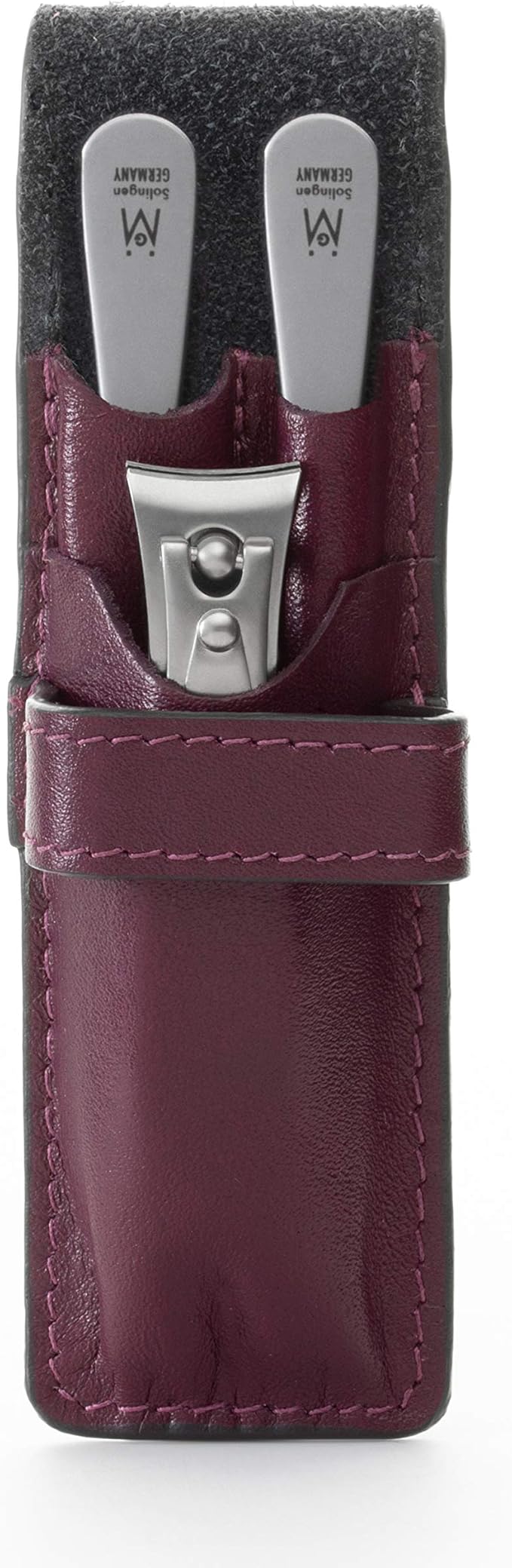 GERMANIKURE 3pc Mens Grooming Kit in Purple Leather Case - Made in Solingen Germany of FINOX Stainless Steel: Fingernail Clipper, Nail Cleaner, and Sapphire Nail File