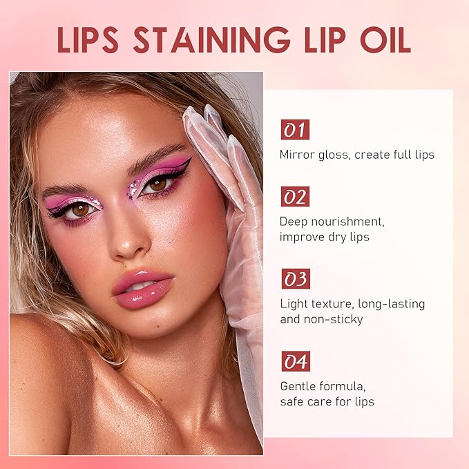 Lips Staining Lip Oil, Lips Staining Long-Lasting Waterproof Moisturizing Lip Oil, Dynamic Finish that Goes on Glossy and Leaves a Stain, Non-Sticky Lip Glow Makeup (Lucky Lotus)