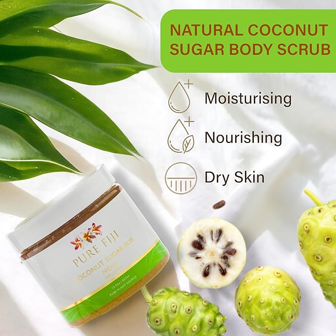 Pure Fiji Coconut Sugar Body Scrub - Body Exfoliator Scrub Natural Origin for Smooths and Softens Skin - Organic Exfoliating Sugar Scrub for Body, Noni, 15.5 Oz