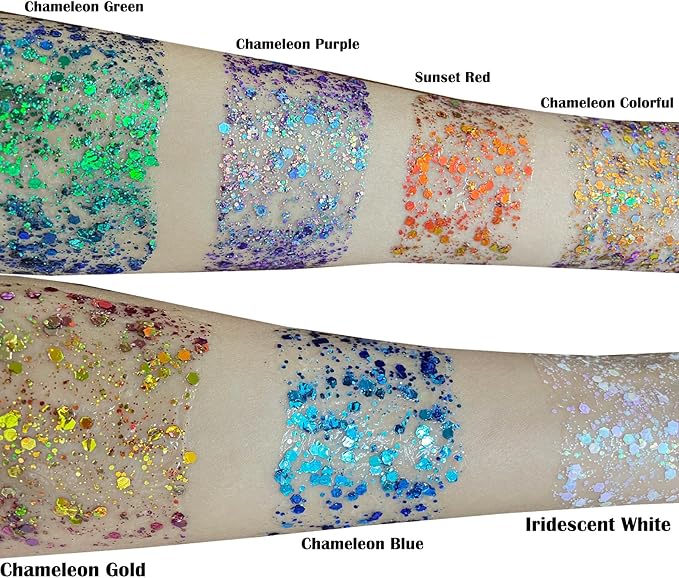 MEICOLY Chameleon Gold Body Glitter,Mardi Gras Outfit for Women,Color Changing Face Glitter,Chunky Glitter Face Paint,Holographic Glitter for Face Body Hair,Festival Party Costume Makeup,50ml