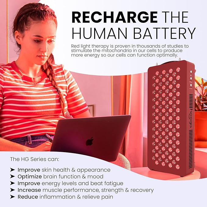 Hooga Red Light Therapyfor Face & Body, 60 LEDs, 660nm Red 850nm Near Infrared with Timer for Pain Relief, Skin Health, Anti-Aging, Sleep, Energy & Recovery, Includes Hanging Kit & Handle - HG300