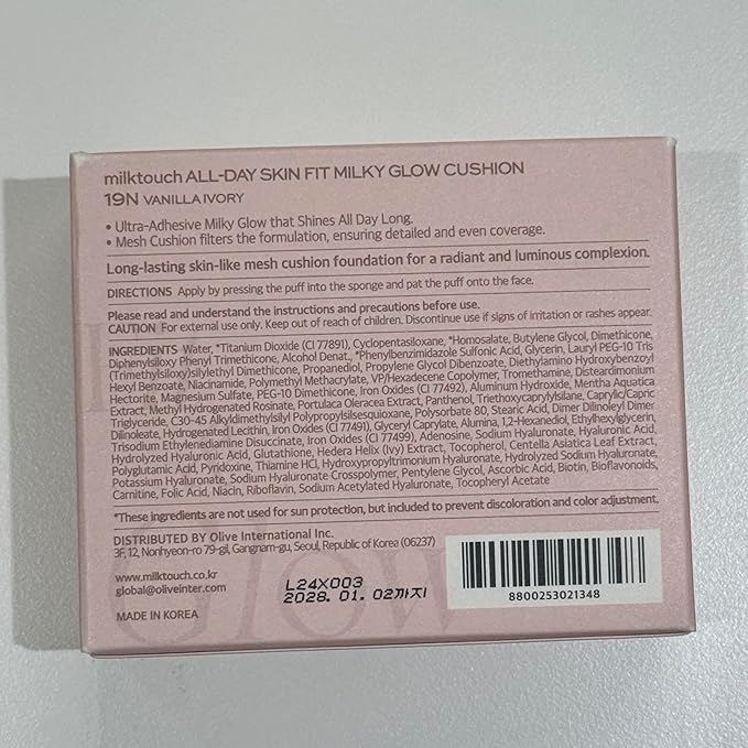 milktouch Cushion Foundation, 24H Flawless Skin, Radiant Shine, No Oxidation, Long-Lasting, Non-Creasing, 60% Hydrating Skincare Infused Korean, Stocking Stuffers, Christmas Gifts (19N Vanilla Ivory)