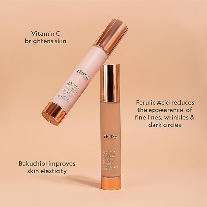 YENSA Serum Foundation Makeup - Super Silk Full Coverage Foundation Enriched with Peptides, Vitamin C & Ferulic Acid to Help Reduce Fine Lines, Wrinkles & Dark Circles - Deep 2 (1 oz)