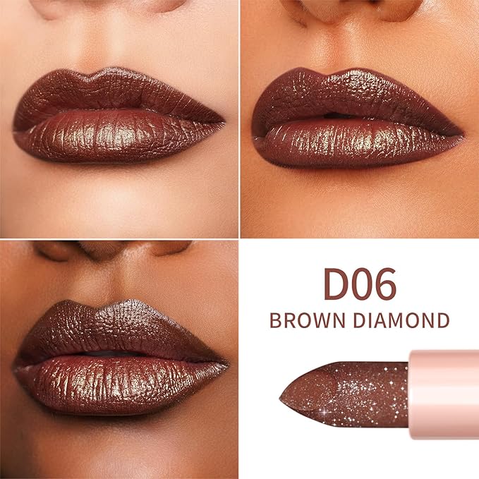 Oulac Shimmer Brown Lipstick, Infinity High Shine Finish, Hydrating Lip Color Infused with Damask Rose Oil for All-Day Comfort, Gluten-Free Vegan Beauty, D06 Brown Diamond