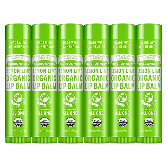 Dr. Bronner’s Organic Lip Balm 6-Pack (.15oz) Natural, Moisturizinging, Petroleum-Free Lip Balm with Beeswax & Avocado Oil for Dry Lips, Men & Women - Lemon Lime