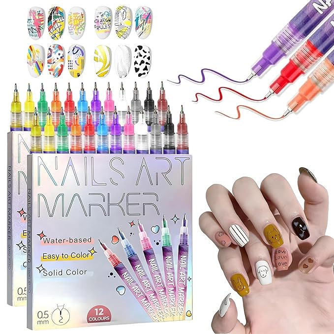 12 Colors Nail Art Pens Set,Nail Art Markers for Gel Nails,Fine Tip Nail Art Pen 0.5mm,Drawing Painting Liner Brush for DIY Nail Art Drawing Painting Tools (B-2 Sets)