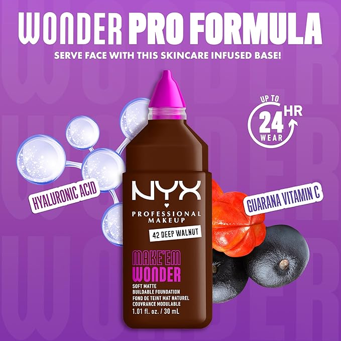 NYX PROFESSIONAL MAKEUP Make 'Em Wonder Liquid Foundation, 24HR Foundation Makeup With A Soft Matte Finish, Buildable Full Coverage - 42 Deep Walnut