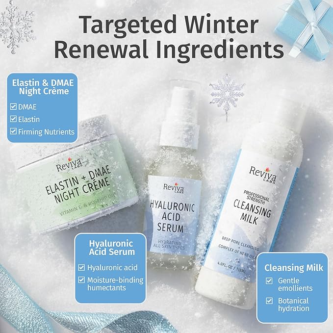Reviva Labs Winter Renewal Skincare Gift Set – 3-Pc Face Care Kit with Cleansing Milk, Hyaluronic Acid Serum, and Elastin + DMAE Night Creme – Cleansing, Moisturizing & Firming Skincare Set for Women