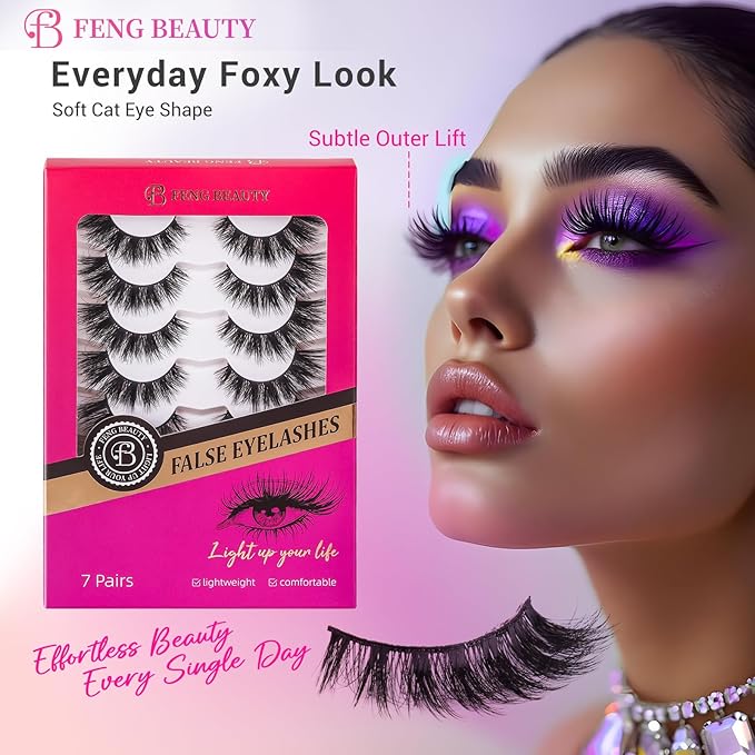 Cat Eye False Eyelashes Wispy Fluffy Volume Dramatic Long Strip Lashes Lightweight Natural Look Easy to Apply Reusable Faux Mink Lashes for Daily and Glam Makeup 7 Pairs