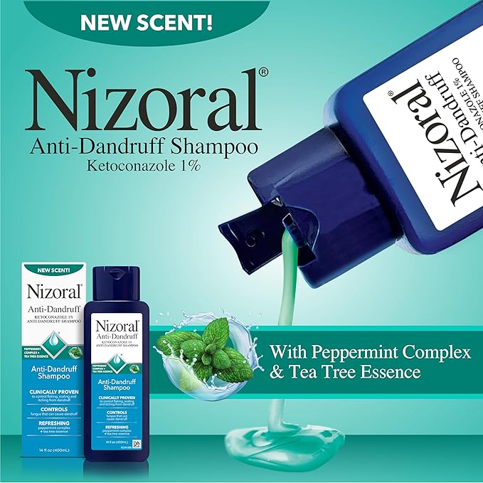 Nizoral Anti-Dandruff Shampoo with 1% Ketoconazole, 14 Fl Oz, Peppermint and Tea Tree Scent, Anti Fungal Shampoo, For All Hair Types