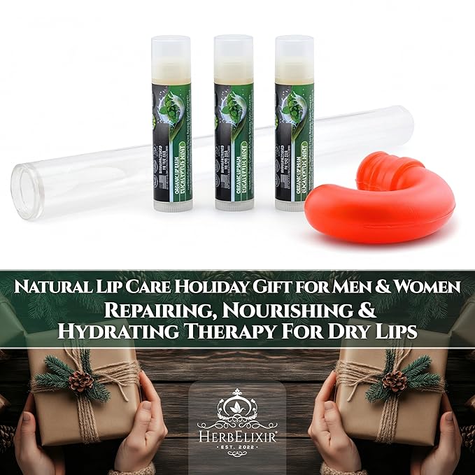 Organic Eucalyptus Mint Lip Balm 3 Pack | Candy Cane Stocking Stuffer | Repairing, Nourishing & Hydrating Therapy for Dry Lips | Natural Care Gift for Men & Women