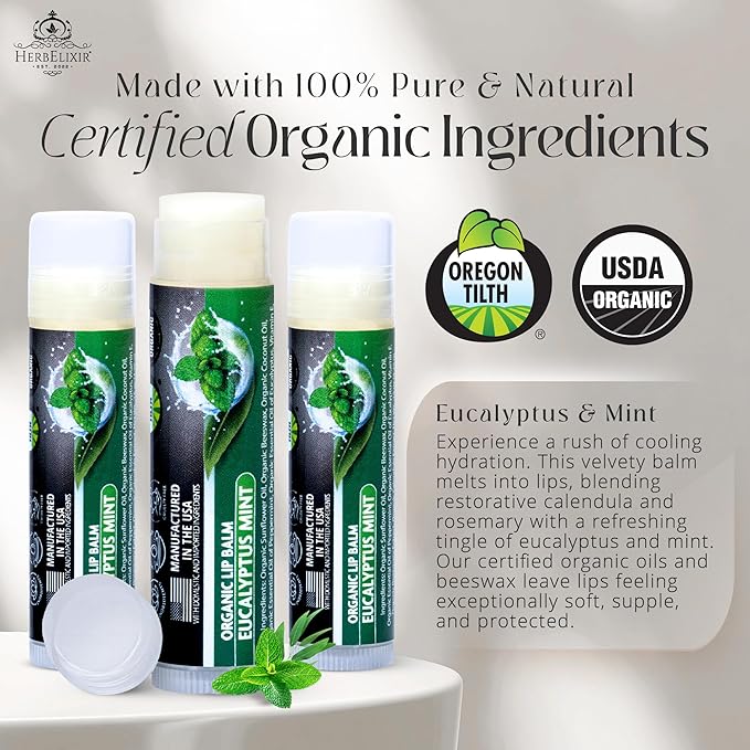 Organic Eucalyptus Mint Lip Balm 3 Pack | Hydrating Chapstick for Dry Lips | Natural Lip Care for Men and Women