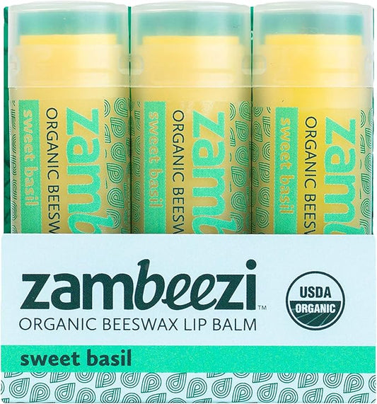 ZAMBEEZI Organic, Fair Trade Beeswax Lip Balm - Sweet Basil 3 Pack - Ethically Sourced