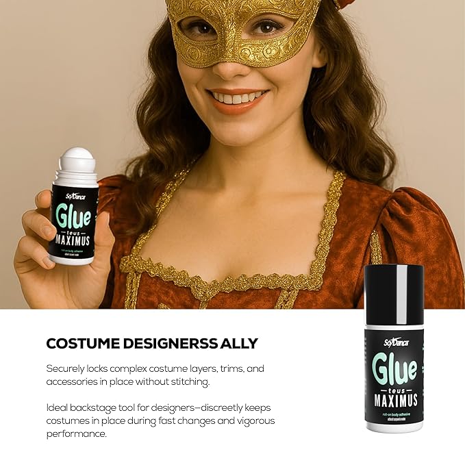 So Danca Glue-teus Maximus Roll-On Body Adhesive – Hypoallergenic, Sweat-Resistant Body Glue for Dancers, Costumes, Cosplay, Stagewear, Leotards & Pageants