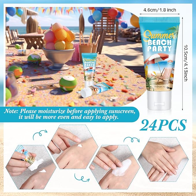 24 Pcs Mini Sunscreen Bulk for Summer Wedding Party Spf 30 Water Resistant Sunscreen Lotion Bulk 1oz Travel Size for Thank You Gifts Wedding Party Supplies(White Cream,Beach)