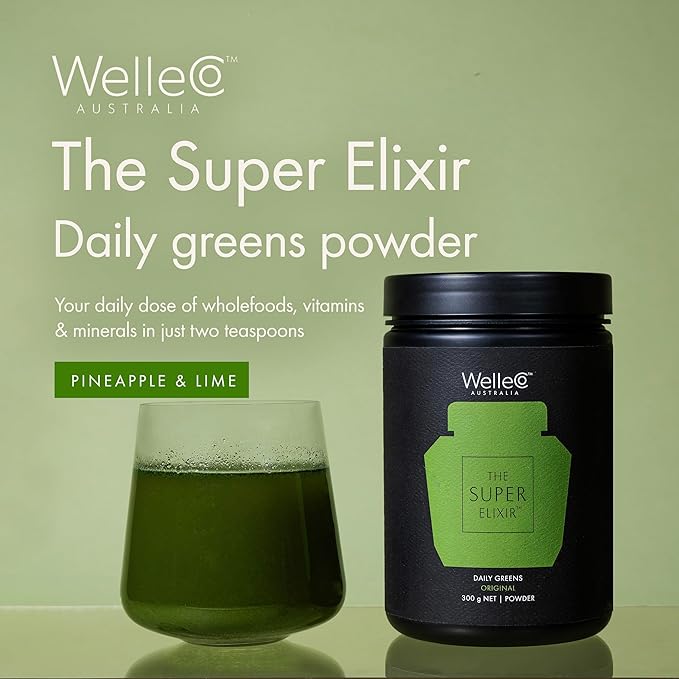 WelleCo The Super Elixir Daily Greens Powder, Probiotic Drink Mix with Whole Foods, Gluten Free, Vegan Gut Health Powder, Energy, Immunity, Healthy Skin, Hair & Nails (Jar, Pineapple & Lime Jar)