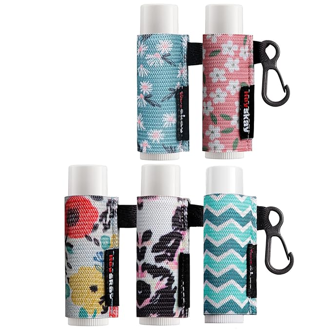 HEYSKAY 5pcs Lip Balm Holder Keychain Lipstick Sleeves Chapstick Lip Gloss Holder Keychain Elastic Sleeves for Men Women(Wave/Flower/Leo)