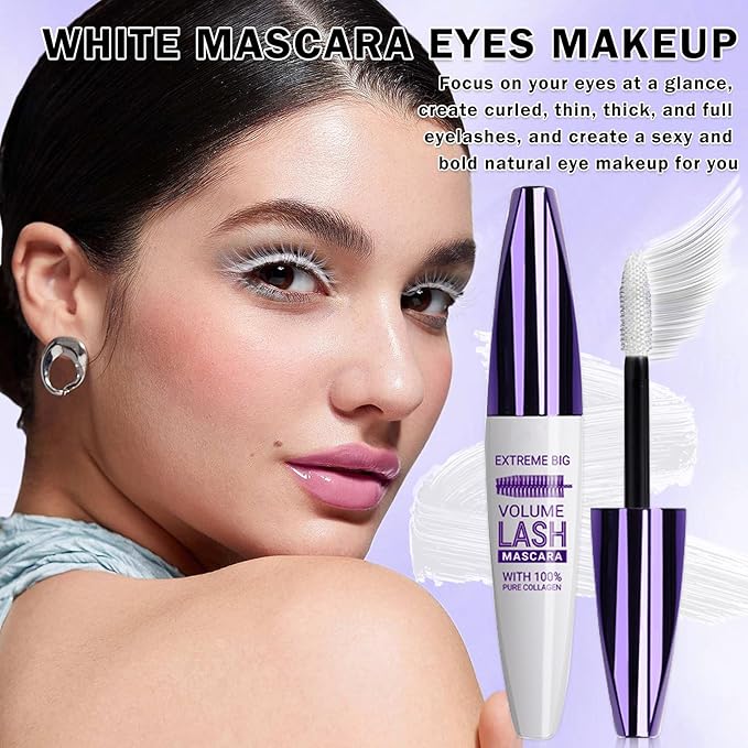 White Mascara for Eyelashes,5D Colored Mascara Volume and Length Waterproof,Natural Curling for Women Eye Makeup