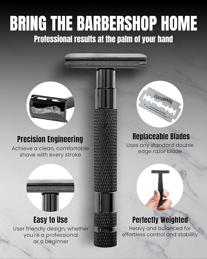 Gentleman Jon Safety Razor Shaving Kit - Vintage Wet Shave Grooming Set for Men, With Old Fashioned Razor, Badger Hair Shaving Brush, Alum Block, Shave Soap, Stainless Bowl & Double Edge Safety Blades