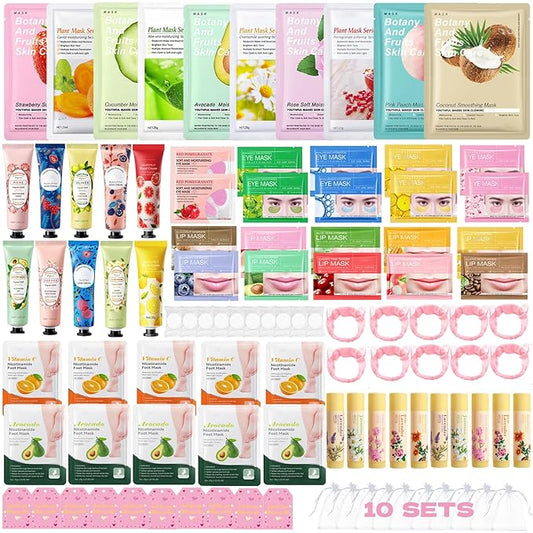 100PCS Spa Party Supplies, Party Favors,Facial Masks,Under Eye Patches,Hand Cream, Lip mask,Foot Masks,Hair Band and Organza Bags,Skin Care Set,Holiday Birthday Home Spa Day Kit