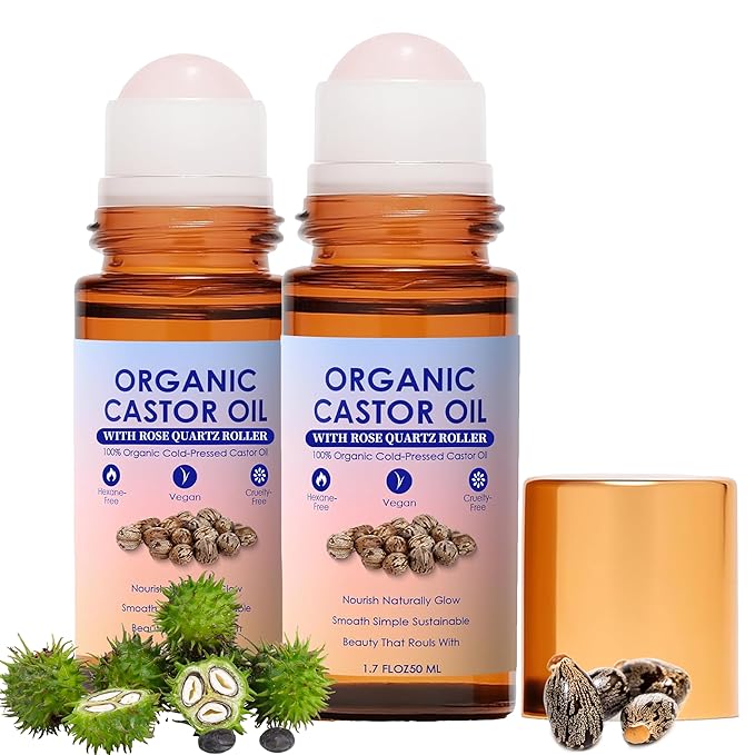 2-Pack Organic Golden Castor Oil Roller Ball Essential Oil, 100% Pure Natural, Holistic Goddess Frankincense and Castor Oil Suitable for Skin, Rose Quartz, Deep Moisturizing, Cold Pressed, 1.7 Fl Oz