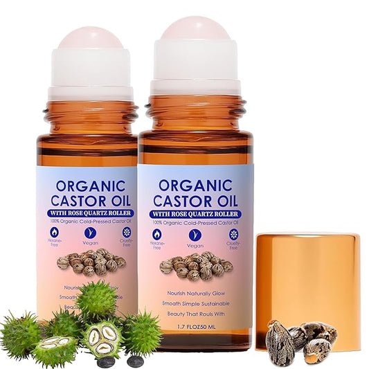 2-Pack Organic Golden Castor Oil Roller Ball Essential Oil, 100% Pure Natural, Holistic Goddess Frankincense and Castor Oil Suitable for Skin, Rose Quartz, Deep Moisturizing, Cold Pressed, 1.7 Fl Oz