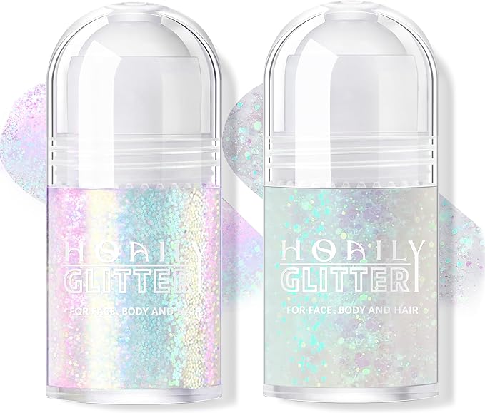 2 Colors Roll-on Body Glitter Gel, Holographic Glitter Gel Under Light for Face Hair, Body Shimmer for Rave Accessories Christmas New Year Halloween Makeup (8+11)