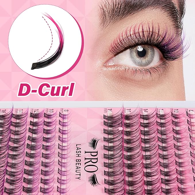 144 Pcs Colored Hollywood Lashes 8-18 Mixed Colored Lash Extension Individuals 2 Colors Pink+Purple Lash Extensions Super Thin Band And Reusable Soft & Comfortable (Pink + Purple,D-8-18mix)