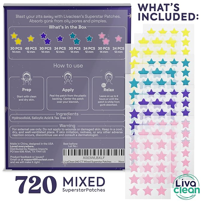 LivaClean 720 CT (3 Pack of 240) Superstar Pimple Patch for Face - Salicylic Acid & Tea Tree, Hydrocolloid Acne Patch, Pimple Patches Star Cute Zit Patches - 3 Sizes, 4 Colors