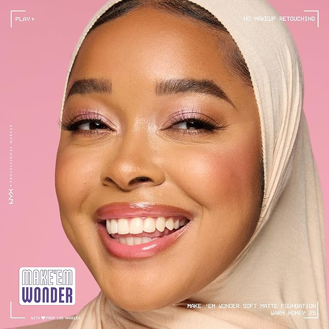 NYX PROFESSIONAL MAKEUP Make 'Em Wonder Liquid Foundation, 24HR Foundation Makeup With A Soft Matte Finish, Buildable Full Coverage - 25 Warm Honey