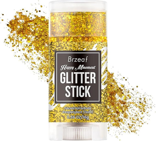 Brzeaf Waterproof Gold Glitter Stick,Christmas Face Glitter Makeup, Shimmery & Long Lasting, Chunky Glitter for Face/Body/Hair/Eyes/Lip, Singer Concert Music Rave Festival