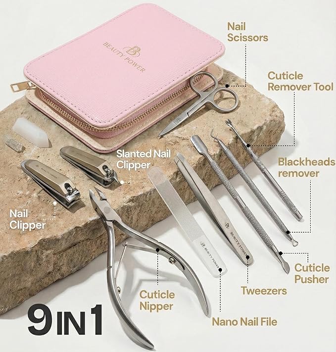 9 in 1 Professional Manicure Pedicure Set - Stainless Steel Nail Clippers, Nano File, Cuticle Nipper, Scissors, Tweezers, Travel PU Leather Case for Men & Women - Gift Ready New (Pink)