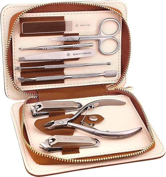 Beauty Power 9 in 1 Professional Manicure Pedicure Set - Stainless Steel Nail Clippers, Nano File, Cuticle Nipper, Scissors, Tweezers, Travel PU Leather Case for Men & Women - Gift Ready (Brown)