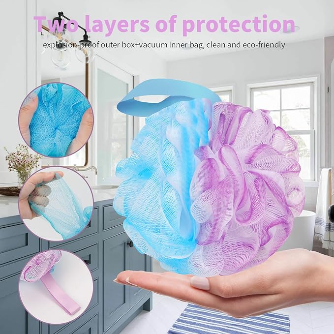 FARMOGA Bath Loofah Sponge Back Scrubber Shower Sponge Soft Mesh Exfoliator Pouf Shower Ball Bath Sponges for Women and Men Bath Accessories (4Pcs 50g Mix Black)