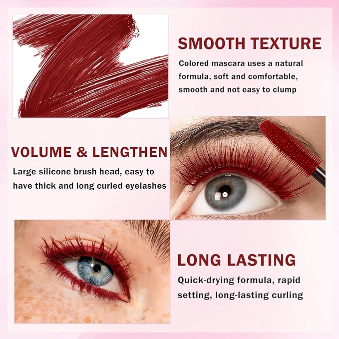 Burgundy Mascara for Eyelashes,5D Colored Mascara Volume and Length Waterproof,Natural Curling for Women Eye Makeup
