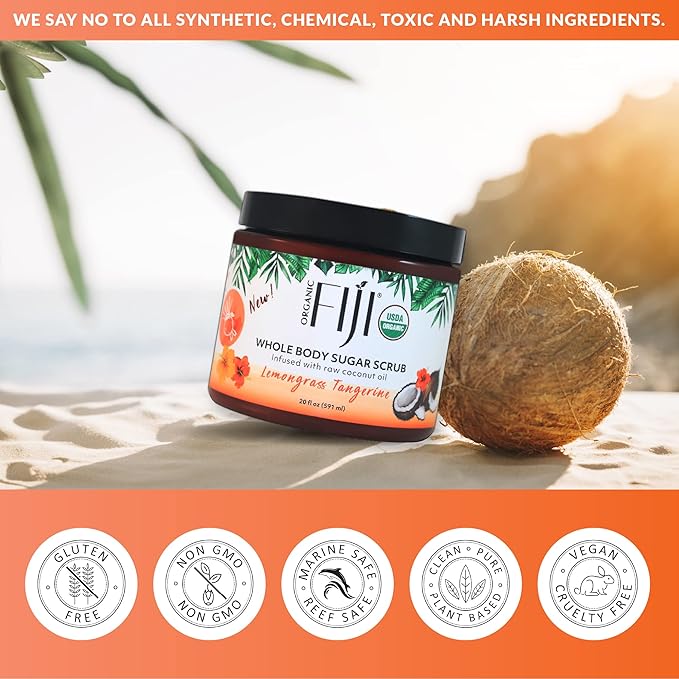 Organic Fiji Whole Body Scrub - Infused with Coconut Oil, Exfoliating Sugar Scrub for Smooth and Soft Skin, Exfoliates & Restores Skin's Natural Biosphere, Lemongrass Tangerine 20 oz